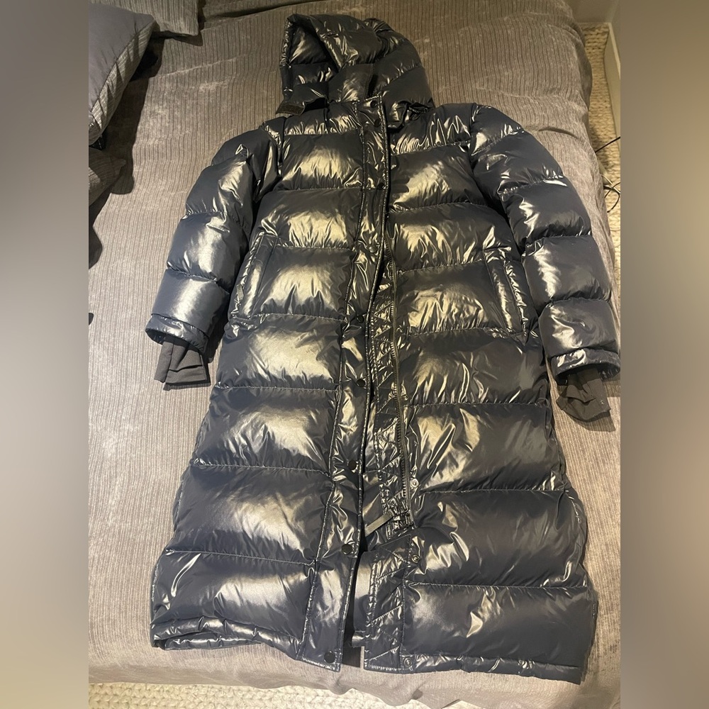 Quince long down hooded puffer winter coat jacket medium mint shiny black navy!